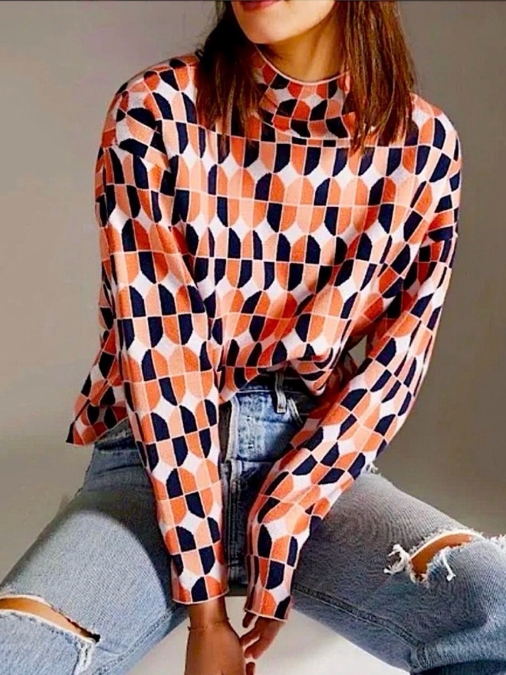 Anthropologie Maeve Intarsia Geo Carys Mock Neck Sweater - Size M